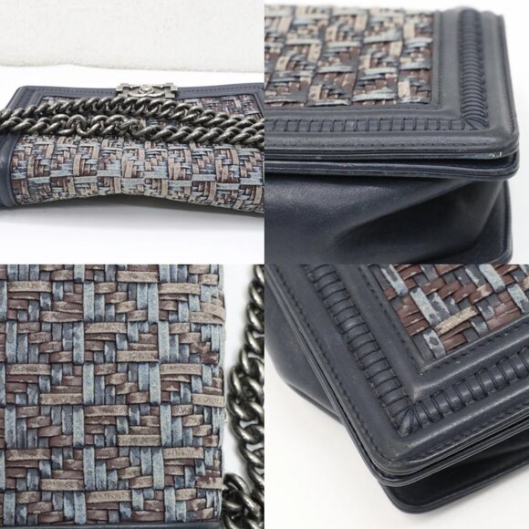 Chanel Medium Woven Boy Flap Bag Blue Dark Calf Leather Crossbody - Picture 12 of 14